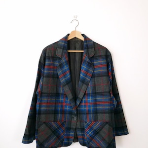 Vintage Grey/Blue Plaid Boxy Blazer/Women&#39;s Tailored Jacket