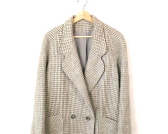 Vintage 1980s Gray Ecru Houndstooth Double Breasted Womens Blazer