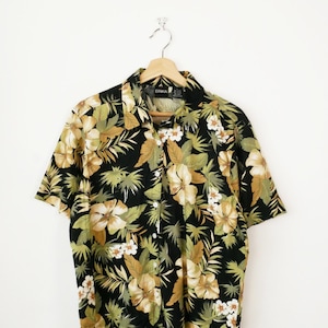 Camicia hawaiana vintage floreale nera da donna Erika, anni &#39;90