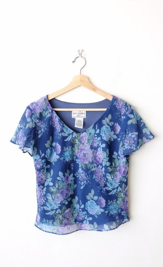 Vintage 90s Blue/floral Short Sleeve Sheer Blouse/women