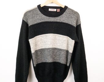 Vintage 90s Lamigo Women’s Black Gray Stripe Wool Blend Sweater