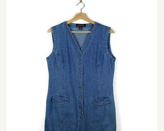 ON SALE Vintage Denim Sleeveless Button down Mini Dress from 90's