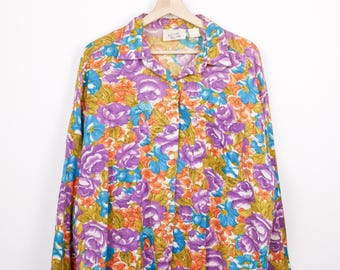 1990s Women's Colorful Floral Rayon Long Sleeve Blouse