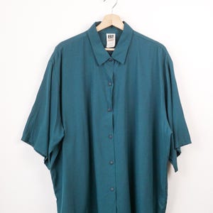 Vintage 90s Basic Editions Women's Teal Green Rayon Button Front Blouse