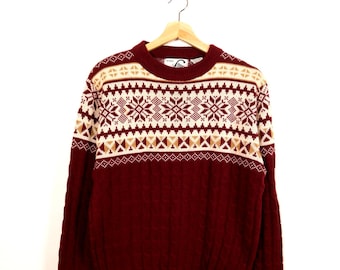 Vintage 190s Men's Burgundy Fair Isle Sweater