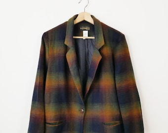 Vintage 90s Multicolor checked Wool blend Boxy Blazer/Women's Tailored Jacket