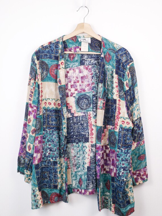 90s Women's Abstract Patchwork Print Open Front J… - image 2