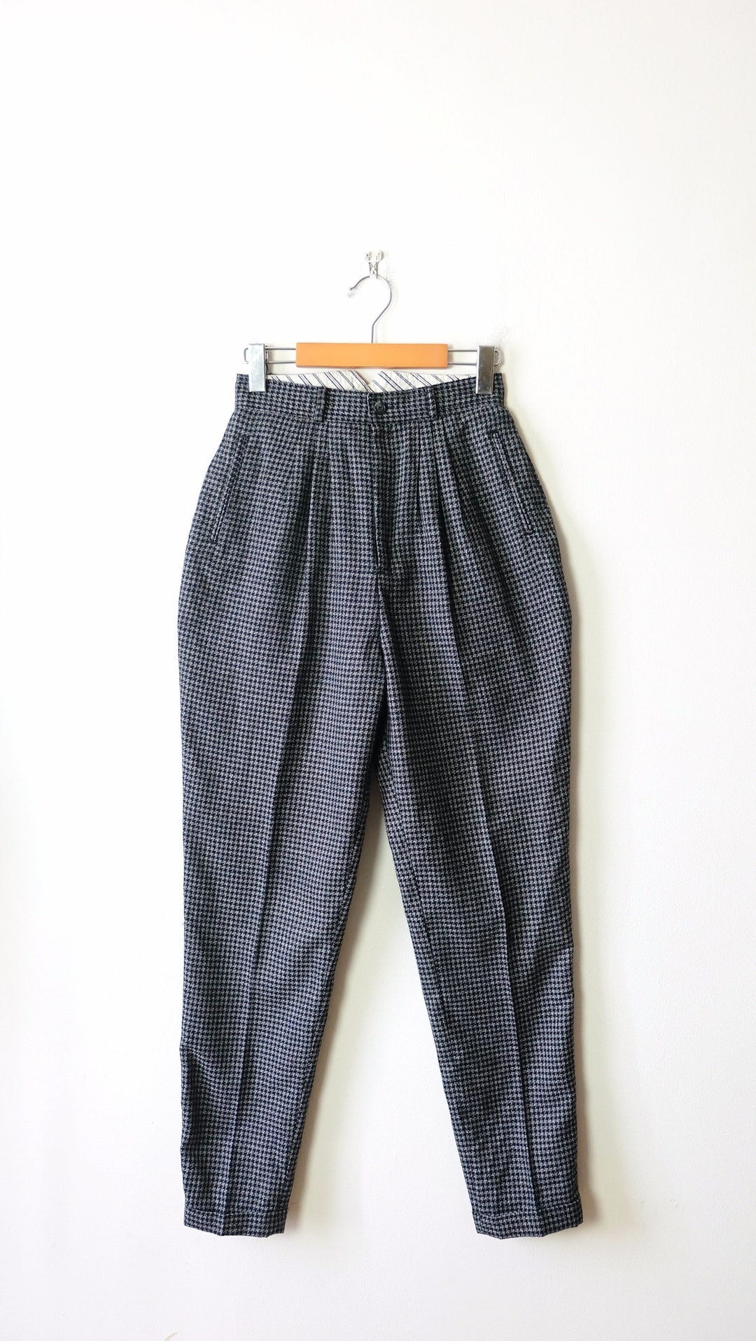 Vintage Grey/black Houndstooth/checked High Waist Tapered Pants/pleated ...