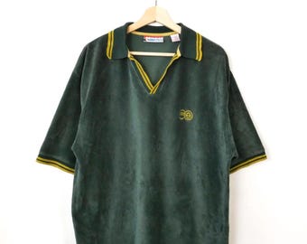 Vintage Dark Green Ribbed Velour Polo Shirt Short Sleeve 90s Top