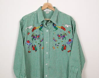 Vintage Green/White Gingham Check Mardi Gras Embroidered Cotton Blouse/Women's Shirt