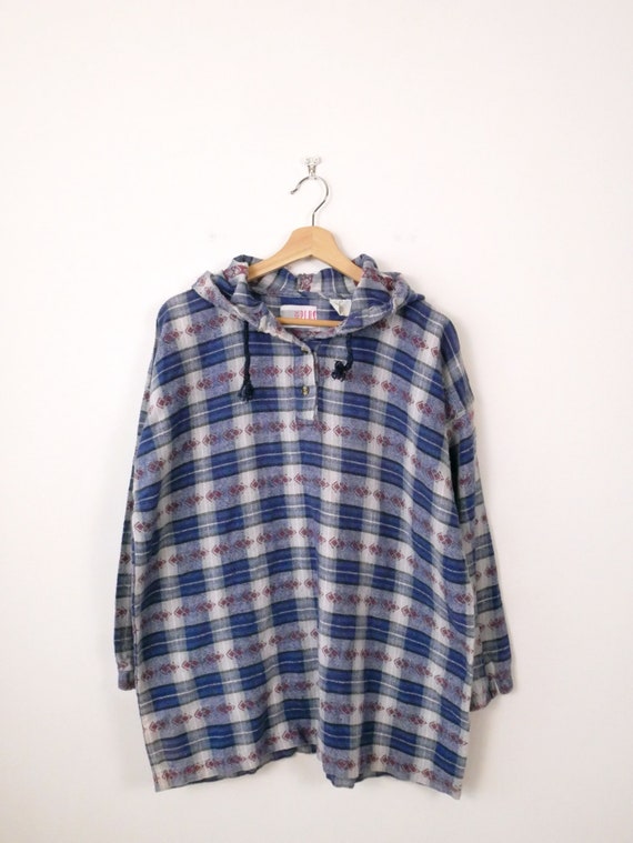 Vintage Blue gray Check Flannel Hooded Pullover Shirt women s Etsy Ireland
