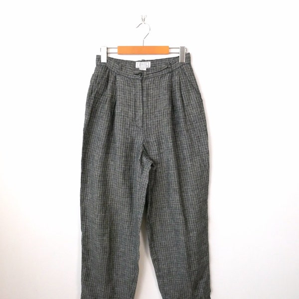 Vintage Gray/White Checked High waist tapered Linen Pants/Pleated Pants/W26