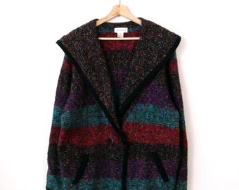 Vintage Multicolor Stripe Shawl Collar Acrylic Sweater Cardigan/Long