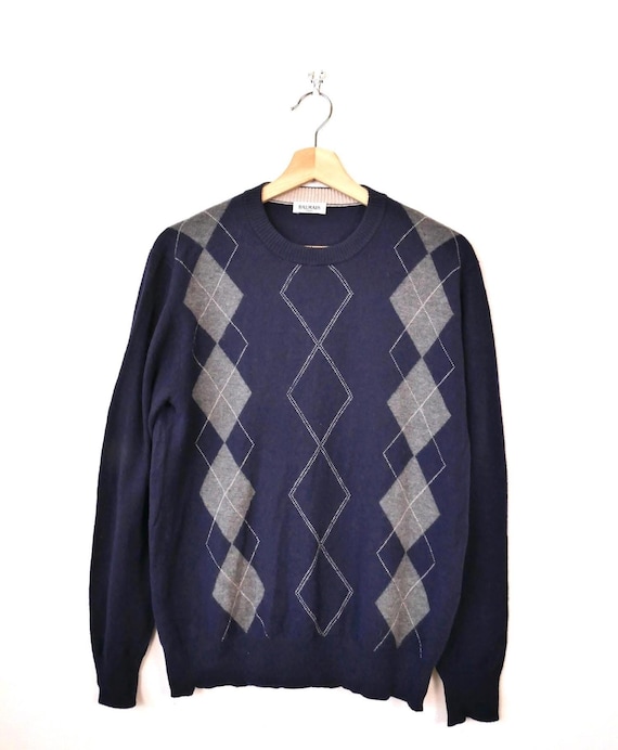 Balmain, Vintage 90-00s Balmain Paris Men’s Navy Argyle Wool Sweater