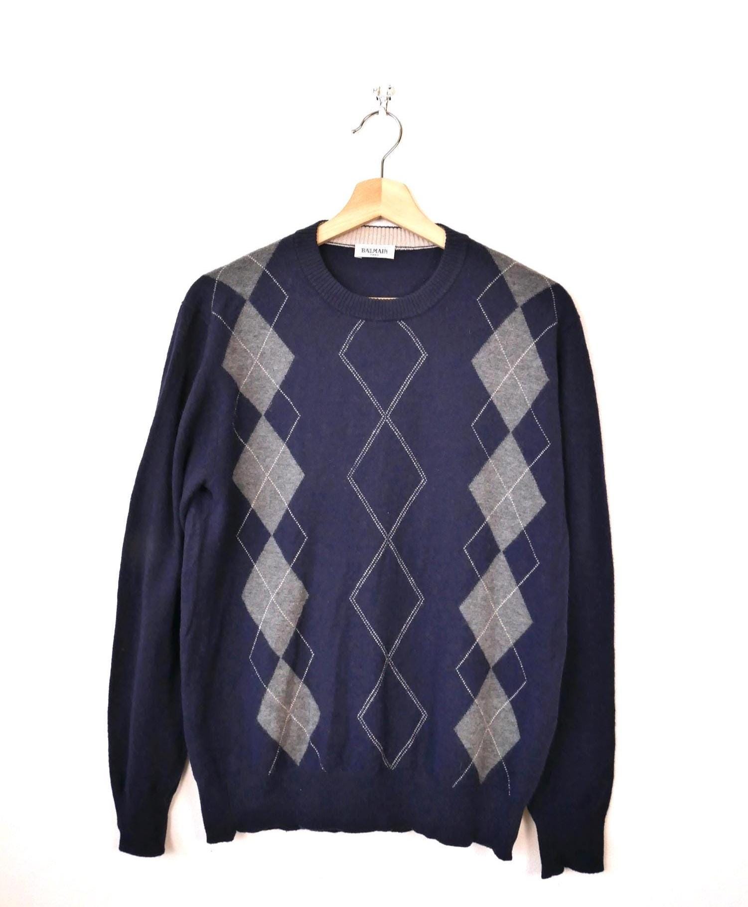Balmain, Vintage 90-00s Balmain Paris Men’s Navy Argyle Wool Sweater