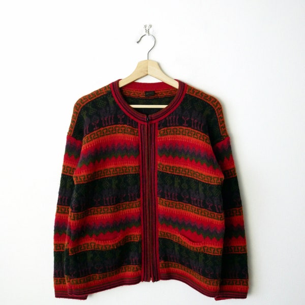 Vintage Alpaca Hand Knit Striped Crewneck Sweater Cardigan/Peruvian Sweater