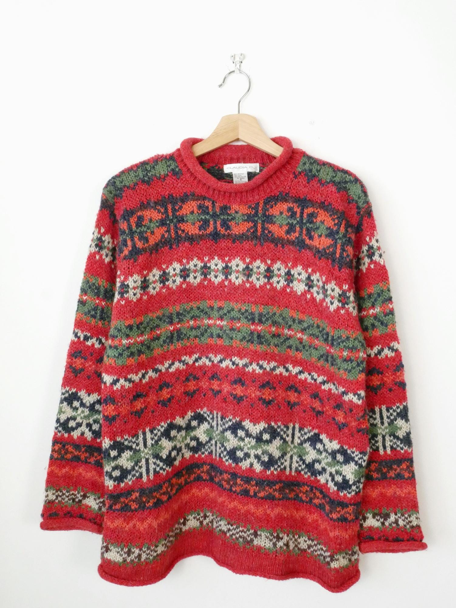 Vintage Claudia D 90s Women's Red Fair Isle Sweater - Etsy