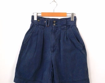 Vintage Women's Navy Blue High waisted Pleated Cotton Shorts/Cuffed Shorts/W25