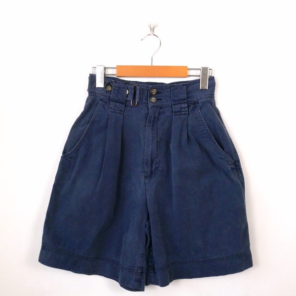 Vintage Women's Navy Blue High waisted Pleated Cotton Shorts/Cuffed Shorts/W25