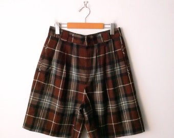Vintage Brown/Gray Check High waist Wool Pleated Shorts/W29
