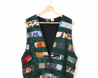 Vintage Green Tie Dye/Ethnic Pattern Patchwork Rayon Vest