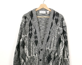 90s Vintage Grey Black Abstract Knit Cardigan Sweater Unisex