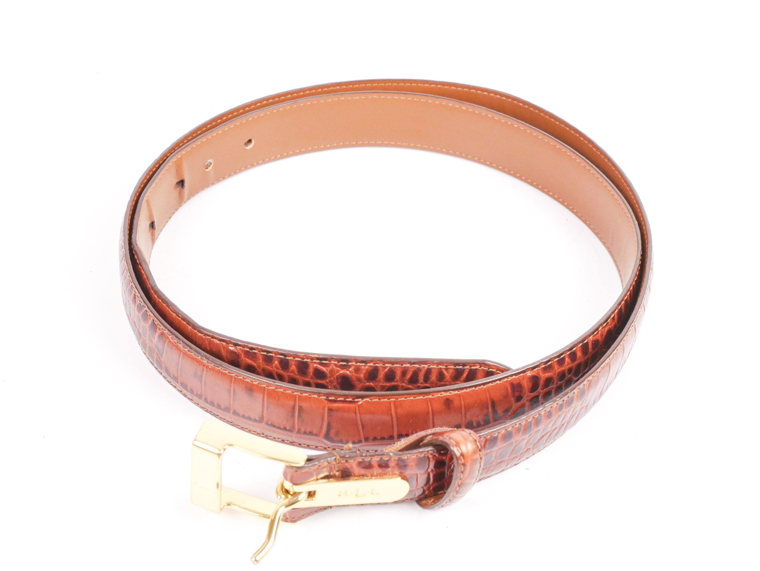 VTG Bronze Western USA Made Croc-Embossed Leather Belt with Ornate Brass Buckle Classic Solid Brass Buckle Crocodile Embossed One Piece Full  main image 3
