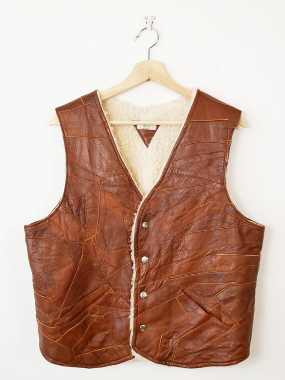 Vintage Patchwork Leather Shearling Vest/Men's Le… - image 2