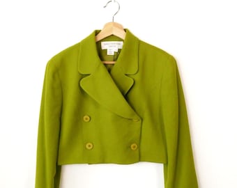 Vintage 90s Women's Lime Green double breasted Wool Cropped Jacket/Blazer