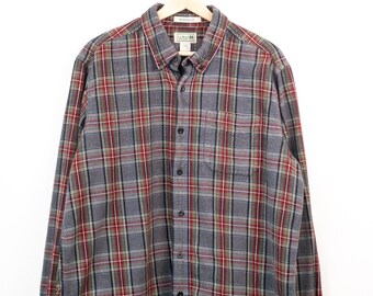 L.L.Bean Plaid Flannel Shirt Gray Red Button Down Cotton Shirt