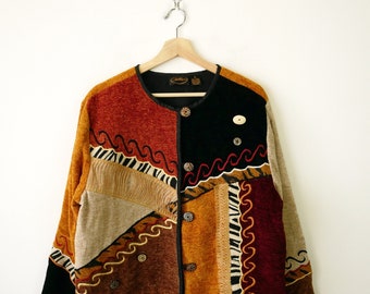 Vintage Color blocked/embroidered Button down Collarless Jacket