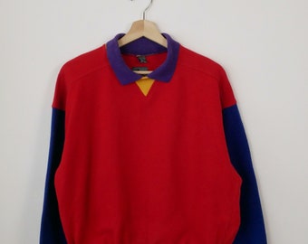 M L 50s Akom Cotton Sweatshirt Chevron Color Block Collared  