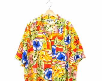 Chemise hawaïenne en soie fleurie colorée pour femmes, vintage des années 90