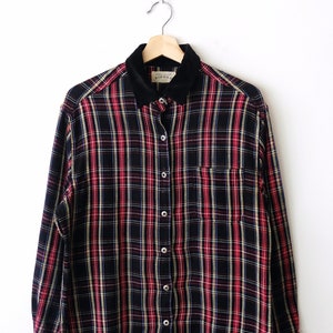 Vintage Red Plaid/checked Black Velour Collared Long sleeve Blouse/Women&#39;s Shirt
