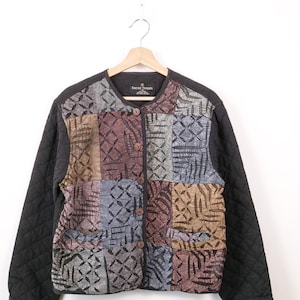 Veste matelassée noire en patchwork pour femmes Sacred Threads des années 1990