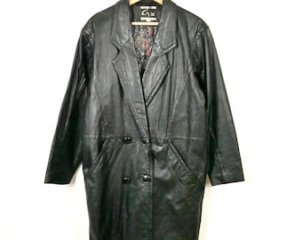 ヴィンテージ ブラック レザー マキシコート：イタリアサイズ 44