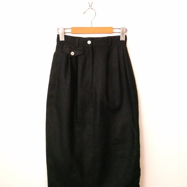 Vintage High waist Linen Midi Skirt/Minimal Skirt/W23