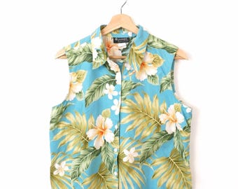 90s RJC Women's Teal Hibiscus Hawaiian Sleeveless Blouse Tropical Top