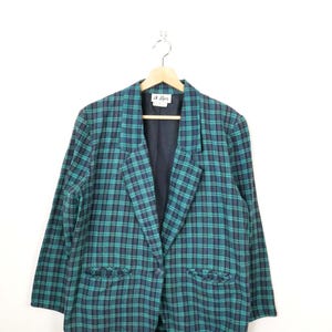 Vintage 80s A.Byer Green/Navy Blue Check Cotton Blazer Jacket/Lightweight Jacket