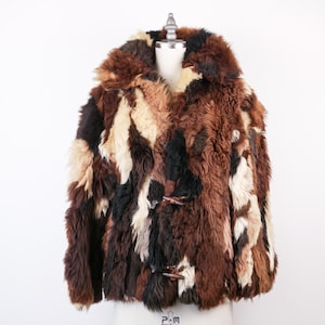 Manteau à bascule marron en fausse fourrure pour femme, patchwork des années 1980
