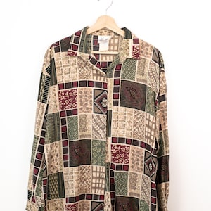 Vintage 90s Patchwork Print Button Up Shirt Geometric Long Sleeve Blouse