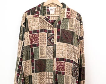 Vintage 90s Patchwork Print Button Up Shirt Geometric Long Sleeve Blouse
