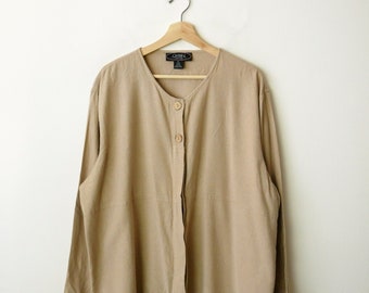 Vintage Sand Beige Silk Crewneck Cardigan/Women's Minimal Shirt