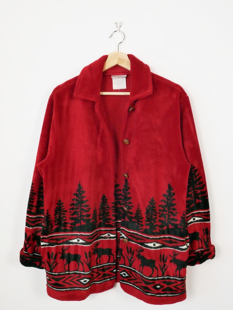Chaqueta polar extragrande de alce rojo para mujer de Robert Kitchen Canadá, años 90 imagen 3