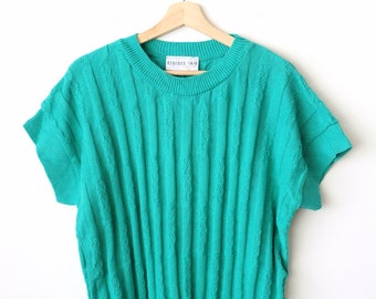 Vintage 90s Women's Green Cable Knit Short Sleeve Sweater