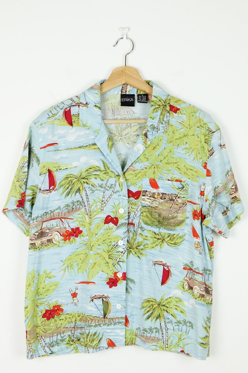 ON SALE Women/'s Light Blue Hawaiian shirt Blouse from 90/'s