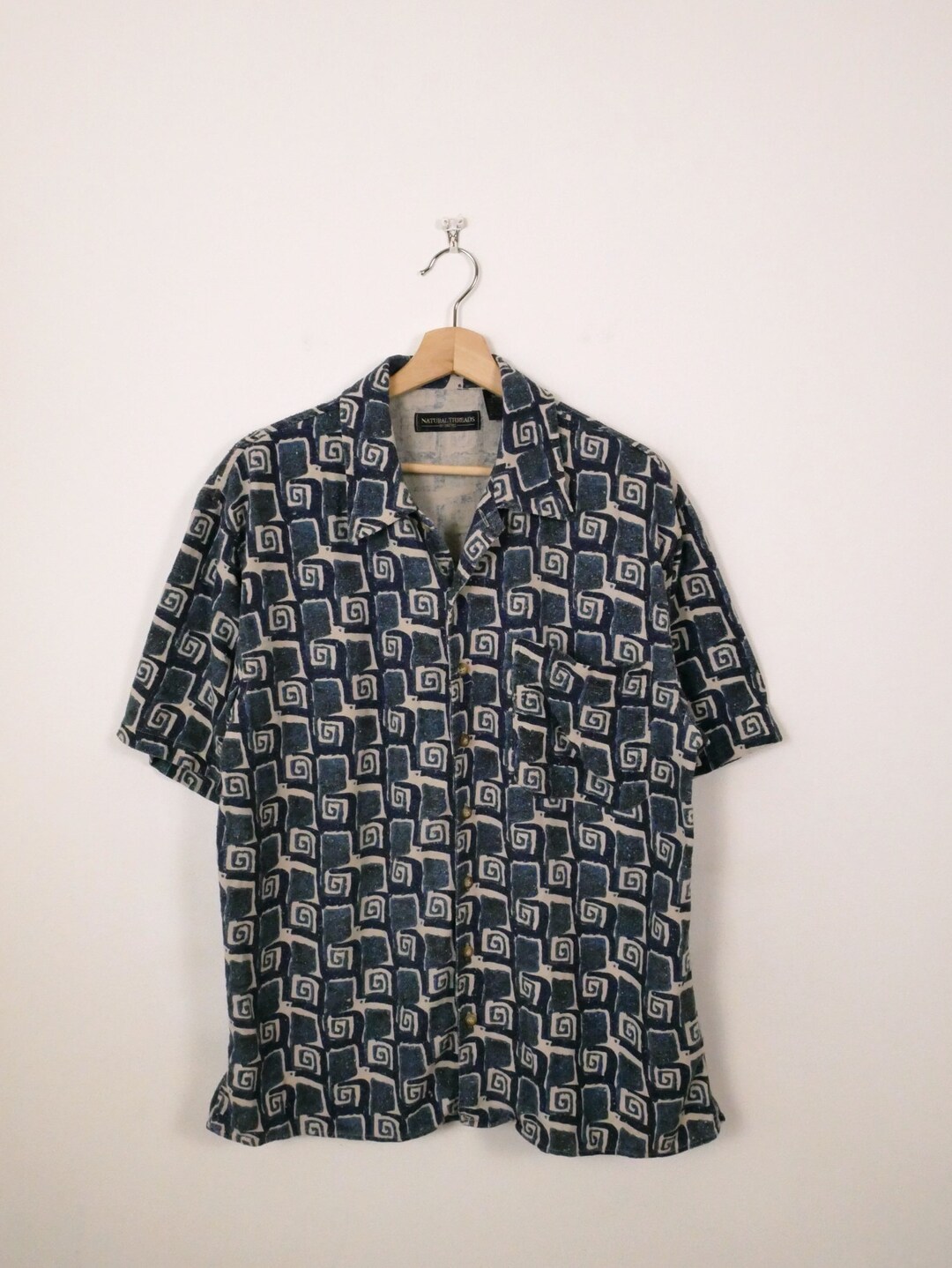 Vintage Blue Geometric/swirl Pattern Short Sleeve Silk Shirt/unisex - Etsy
