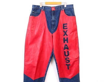 Vintage 1990s Exhaust Men’s Blue Denim Pants With Red Panels