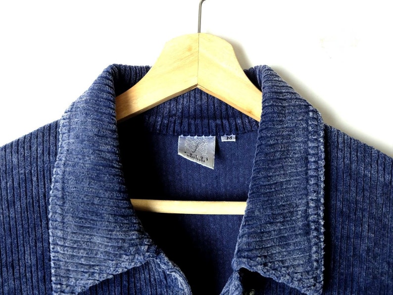 ON SALE Vintage Faded Dark BlueNavy x Corduroy Trim Button down Blouse from 90/'s