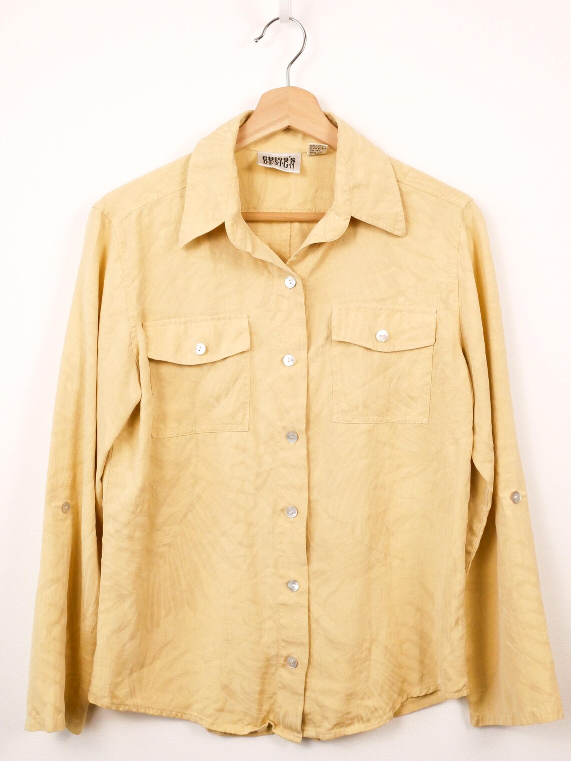 Vintage 1990s Chico's Design Women's Yellow Silk Button Up Shirt, photo 2 of 5